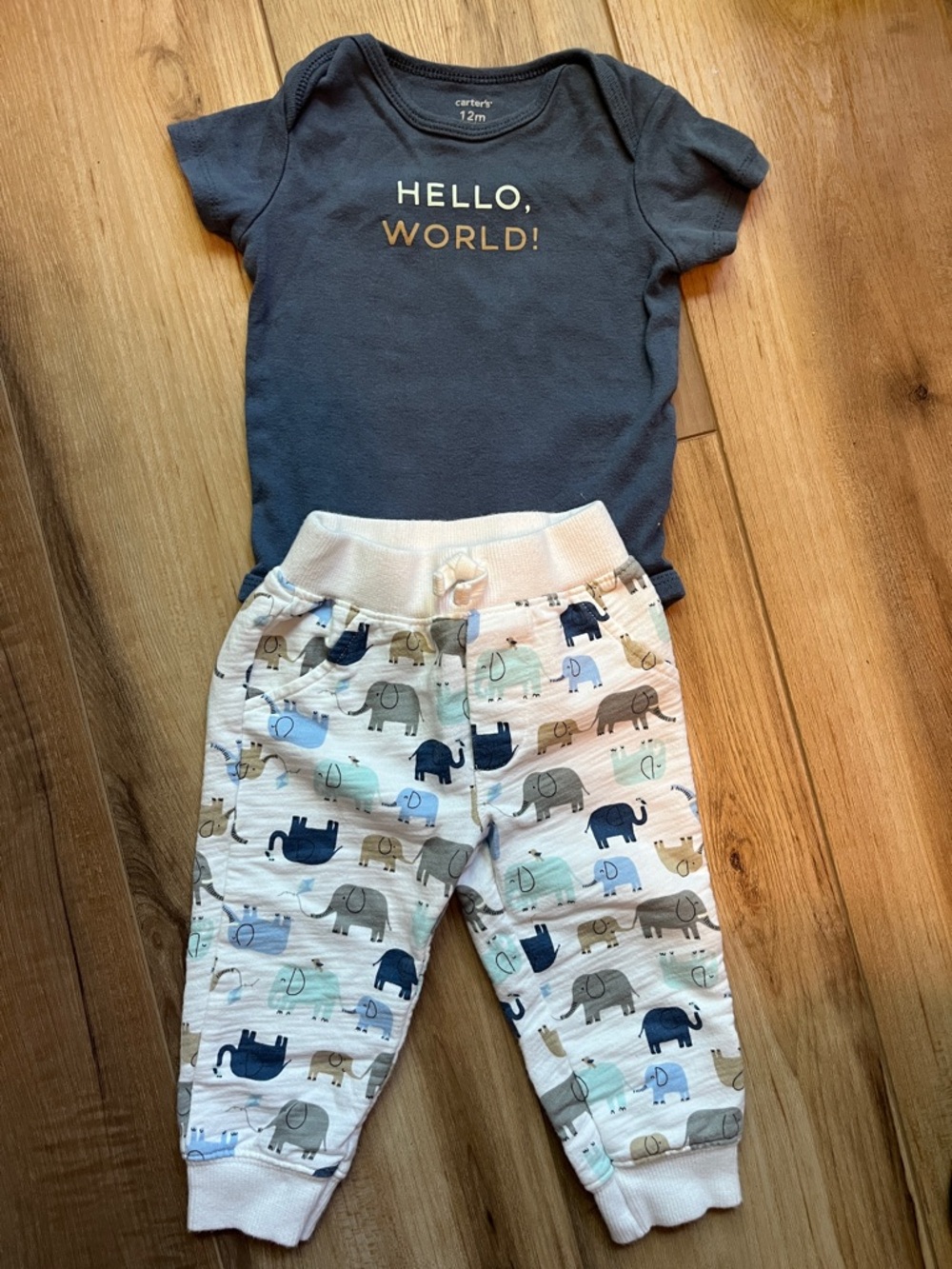 Carter's Navy "HELLO, WORLD!" Bodysuit with Elephant Joggers Set Size 12 M